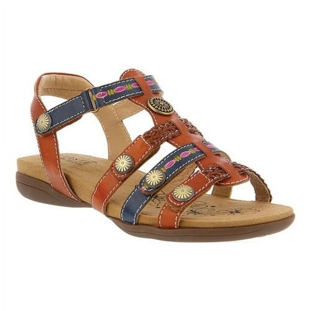 L'ATISTE Brown and Navy Strappy Embellished Leather Sandals